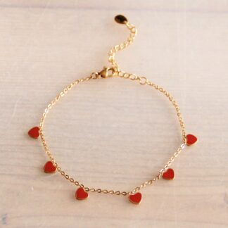 Stainless steel fine anklet with mini hearts - red/gold - AN951
