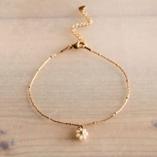 Stainless steel fine anklet with daisy flower - cream/gold - AN944