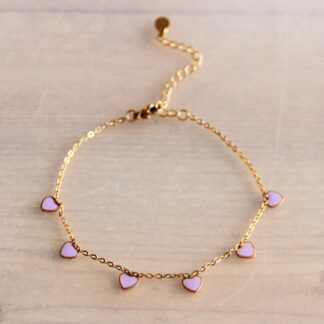 Stainless steel fine anklet with mini hearts - lilac/gold - AN950