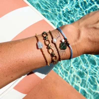 Poolside perfection. 💦✨
The only stack you’ll need this summer. 💙☀️

#armcandy #bracelets #summerjewelry #waterproofjewelry #bazou